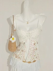 SHEIN ICON Áo hai dây đan hở lưng phối ren trang trí vỏ sò phong cách nghỉ mát mùa hè cho nữ - trắng - Xem 5