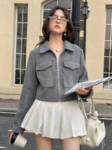 SHEIN 灰色宽松短款毛呢外套，适合少女日常通勤穿搭 - 灰色 - 查看 6