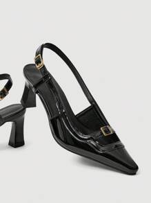 SheIn MOD كعب عالي بكعب سميك مفتوح للنساء بطراز فرنسي جديد صيف 2025، أسود وجذاب بتصميم أنيق وذو أصبع مدبب - الأسود - مشاهدة 3