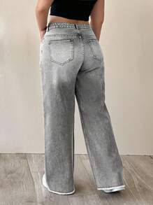 SHEIN Cottnline 100%纯棉高腰直筒大码浅灰色牛仔裤 - 淺灰色 - 查看 2