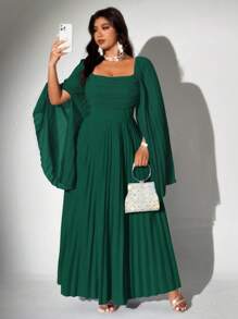 Viva Relle 大码女式优雅浪漫褶皱雪纺长袖连衣裙 - 墨綠色 - 查看 1