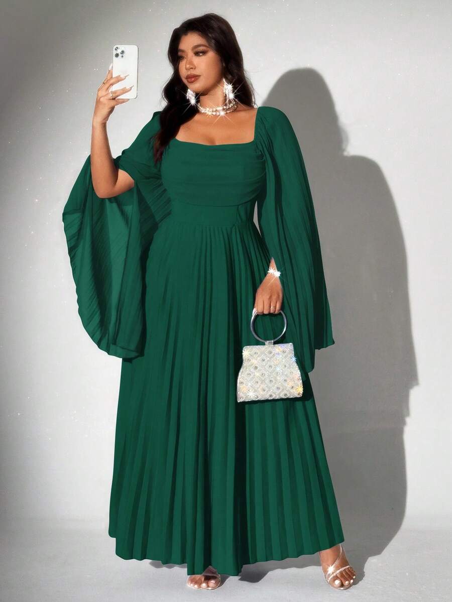 Viva Relle 大码女式优雅浪漫褶皱雪纺长袖连衣裙 - 墨綠色 - 查看 1