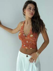 Aloruh Lễ hội âm nhạc Sexy Halter Backless Tight Sequin Embellished Camisole dành cho nữ - màu nâu - Xem 5