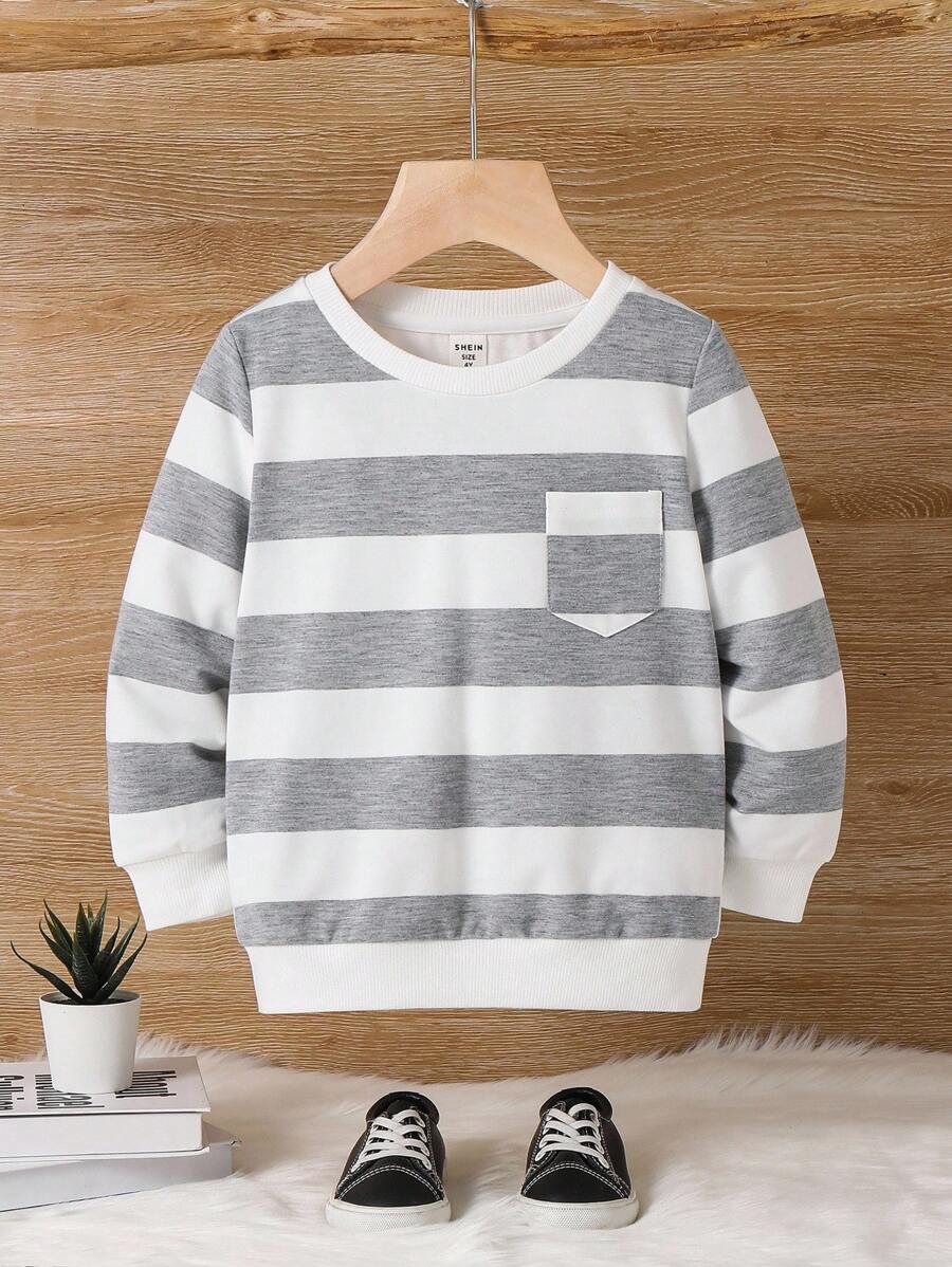SHEIN Young Boys Colorblock Striped Crew Neck Long Sleeve Sweatshirt, In Fall/Winter - Multicolor - View 1