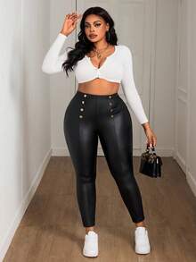 SHEIN PETITE CURVE 大码纯色纽扣装饰优雅紧身裤 - 黑色 - 查看 4