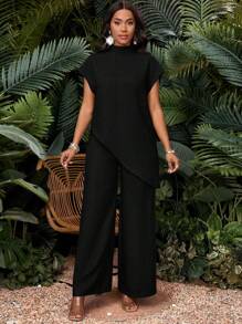 SHEIN Lady 2025 新款春夏秋冬黑色梭织立领不对称插肩袖长款短袖加大码套装女两件套优雅黑色两件套黑色两件套女款黑色两件套阔腿两件套别致女士套装休闲女装婚礼宾客 - 黑色 - 查看 8