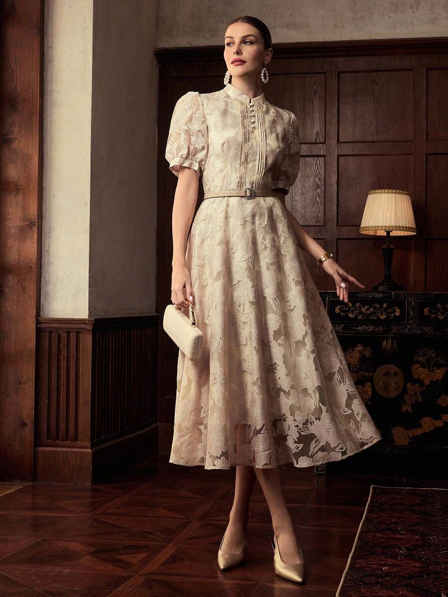 ZEYLAH Organza Short Puff Sleeve Stand Collar Women's Elegant Belted Dress - Apricot - View 1