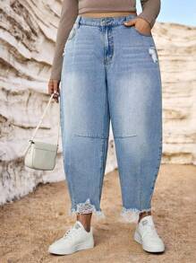 SHEIN Tall CURVE Plus Size Fall Autumn Back To School Homecoming Halloween Y2k Cute Streetwear Goth Grunge Techno Birthday Night Out Going Out Club Airport Casual Washed Distressed Jeans Women's Light Blue Jeans Low Waist Banana Pants Casual, Going Out Casual Non,Stretch American Streetwear Denim Blue Jeans, All Season