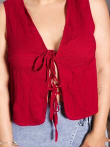 Lupita Cardoza 休闲假期西部海滩婚礼宾客服装毕业早午餐女士服装圣帕特里克节春假复活节音乐节优雅波西米亚热带纹理蝴蝶结挂脖红色吊带背心 - 酒紅色 - 查看 3