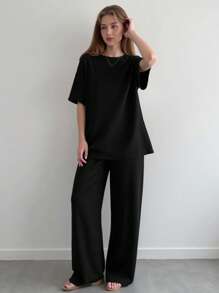 SHEIN Teen Girls Loose Casual Simple Comfortable Round Neck Short Sleeve Solid T-Shirt And Pants Set
