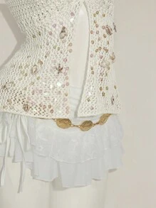 SHEIN ICON Áo hai dây đan hở lưng phối ren trang trí vỏ sò phong cách nghỉ mát mùa hè cho nữ - trắng - Xem 10