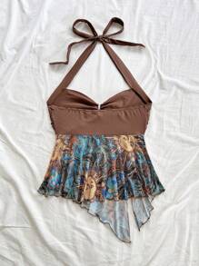 Soleia Women Holiday Sleeveless Flounce Asymmetrical Hem Bowknot Neck Top, Fresh Summer Boho Beach Top Cute Beach Tops Beach Outfits For Women Boho Swimsuit Beach Outfits For Vacation