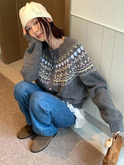 DAZY 女士圆领韩版撞色装饰心形开衫秋冬