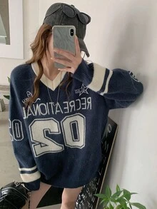 DAZY 女式V领休闲拼色长袖毛衣 - 藏蓝色 - 查看 10