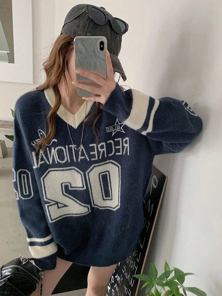 Women's V-Neck Casual Colorblock Long Sleeve Sweater
