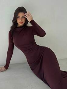 Firerie Women's Elegant Burgundy Autumn Maxi Knit Dress,Asymmetric Shoulder Long Sleeve Cinched Waist A-Line,Dining Party Wedding Guest,Casual Commute Daily - Burgundy - View 6