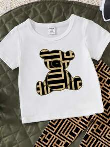 SHEIN Playful Pals Conjunto de camiseta de manga corta y leggings de niña bebé con estampado casual de oso y patrón geométrico - Multicolor - Ver 4