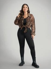 SHEIN LUNE Bộ 3 áo sơ mi, áo hai dây và quần legging họa tiết da báo cỡ lớn cho nữ - Nhiều màu - Xem 7