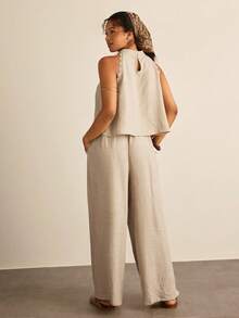 SHEIN VCAY Conjunto de 2 piezas de top casual con hombros descubiertos y pantalones holgados para tallas grandes - Albaricoque - Ver 3