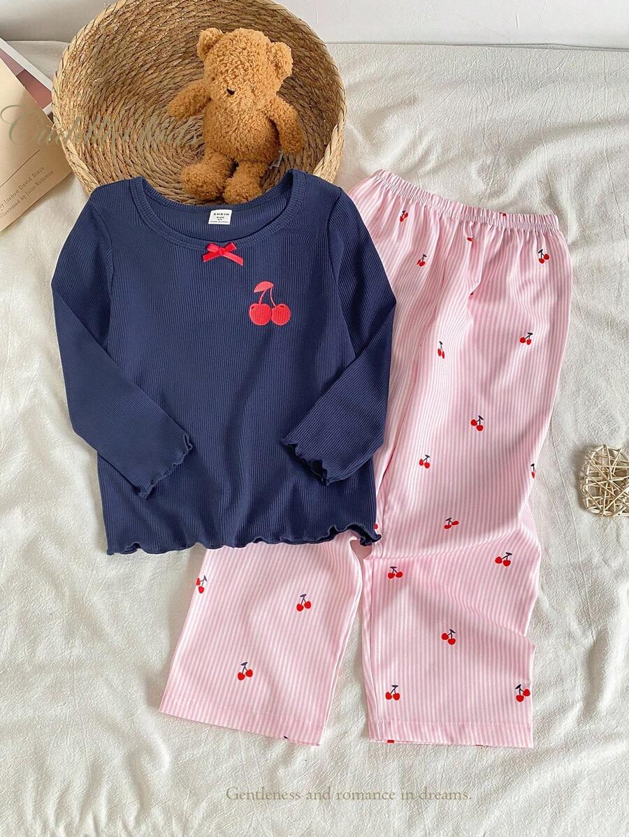 SHEIN Genkimix Kids Young Girl' Navy Blue Ribbed Cherry Print Long Sleeve Top & Ribbed Pants Pajama Set Fall Winter - Multicolor - View 1