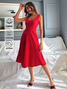 RueChic Plus Elegant Solid U-Neck Sleeveless A-Line Dress - Red - View 1