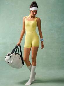 VARSIVA Women's Solid Color Zipper Half Placket Camisole Sports Romper - Yellow - View 9