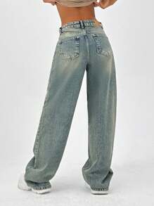CasuGlow 100% Cotton LOW RISE WIDELEG CUT VINTAGE WASH Y2K BAGGY JEANS - Medium Wash - View 2
