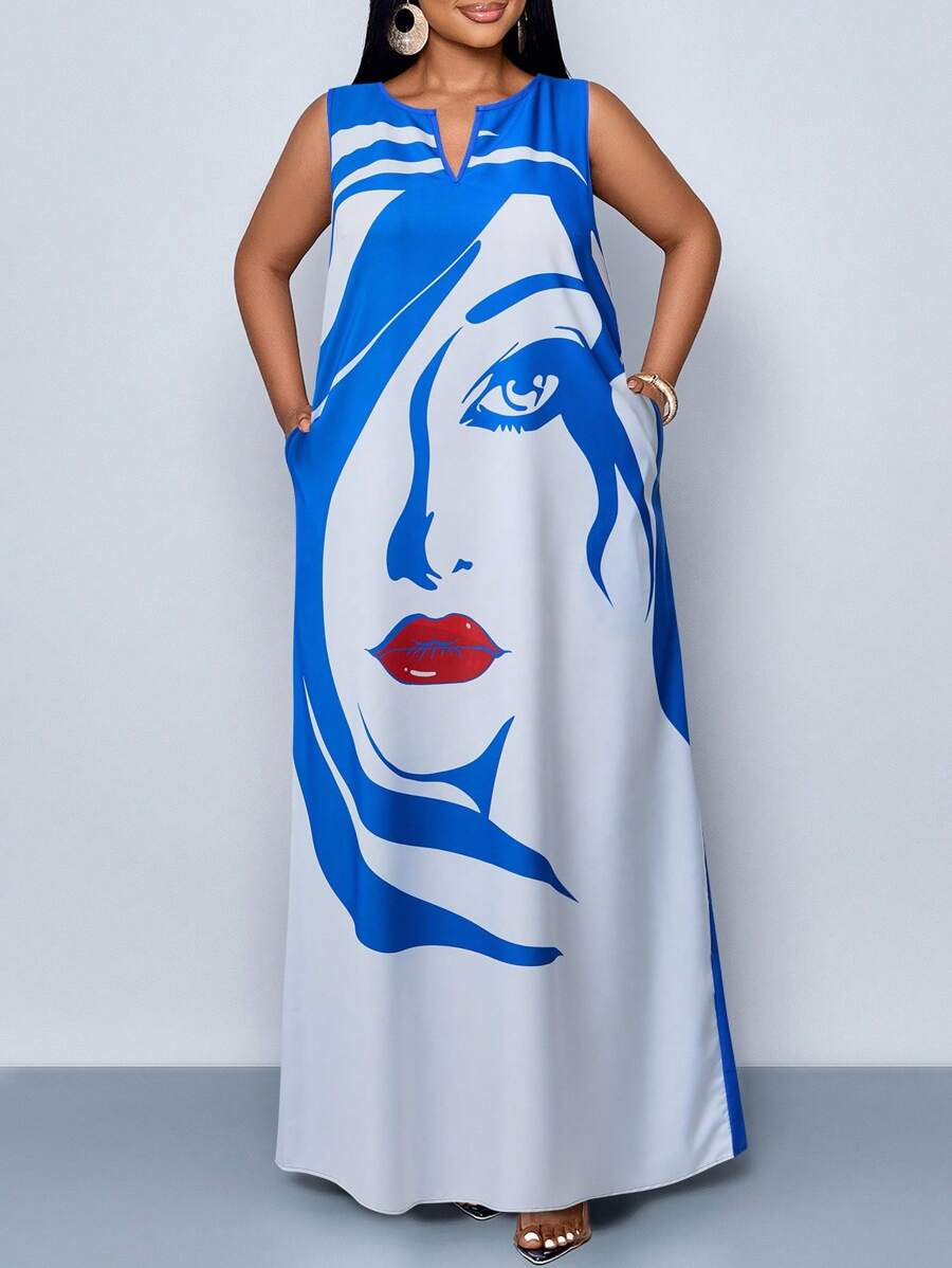 SOLERSUN Plus Size Women's Face Black & White Print V-Neck Long Casual Shirt Dress (With Pockets) Casual Vacation Daily Commute Picnic Street Photography Halloween New Year 2025 New Valentine's Day