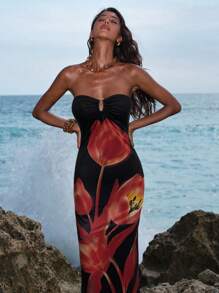 Opulessa 女式针织网眼印花修身连衣裙 - 紅色和黑色 - 查看 6