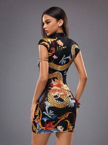 Shutterstock Y2Kool Vestido con estampado de dragón, elementos orientales, floral, sexy, casual, para mujer, adecuado para verano, otoño, vacaciones, fiesta, uso diario