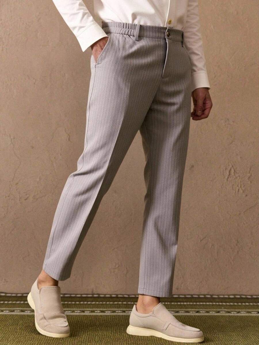 Manfinity VCAY Men's Casual Woven Striped Mid-Rise Tapered Suit Pants - Grey - View 1
