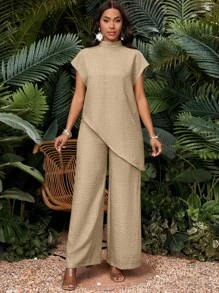 SHEIN Lady 春夏秋冬蓝色梭织立领不对称插肩袖长款短袖加大码套装 - 卡其色 - 查看 8