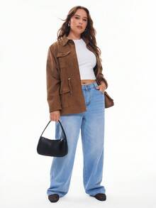 Solavibe Plus Flap Pocket Drawstring Waist Jacket,Barnfit,Barn,Fall Women Clothes