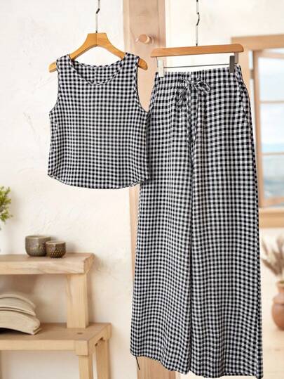 Rusticease Stylish Sleeveless Camisole And Long Plaid Pants Set For Casual Chic Everyday Wear Gingham Set Plaid Two Piece Set Two Piece Set Women Two Piece Set Black And White Gingham Set