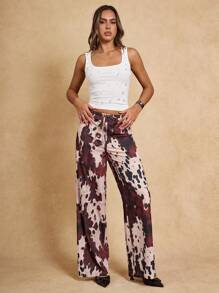 SHEIN BAE 女式印花抽绳腰宽松阔腿休闲裤 - 卡其色 - 查看 4