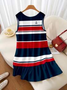 Veykashi 休闲度假风格航海红蓝白条纹网球裙，运动风格女式印花迷你连衣裙适合夏季度假，学院风大码条纹连衣裙 - 彩色 - 查看 7