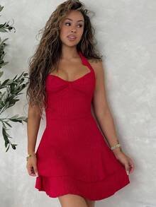 RebeccaVibe Sexy Backless Red Mini Dress With Neck Tie, Ruched Hem And Double Layer, Suitable For Party, Date, Valentine's Day,Summer Dresses For Women - Red - View 4