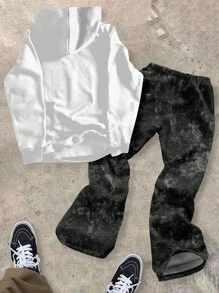 SHEIN 2 件套青少年男孩休闲卡通图案宽松连帽长袖上衣和喇叭裤套装，适合秋冬季 - 彩色 - 查看 2