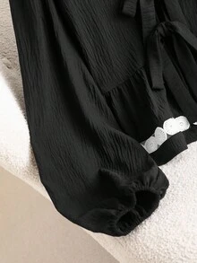 CosyJoli Áo len cardigan cổ chữ V tay dài phối ren chắp vá cỡ lớn, viền bèo nhún, thường ngày - màu đen - Xem 4