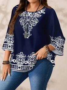 SHEIN CURVE+ 加大码休闲复古印花宽松衬衫，女式加大码蓝白图案复古印花圆领 3/4 袖衬衫，适合夏秋季，教师衬衫，女式秋装，冬季，CURVE PLUS - 彩色 - 查看 4