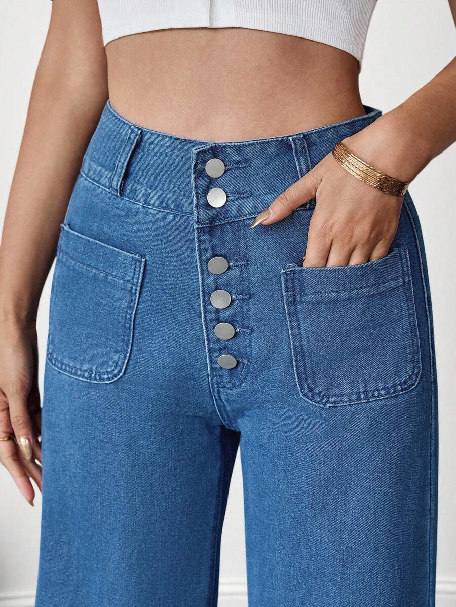 SHEIN LUNE Jeans amples lavés taille haute jambe large pour femmes, style décontracté, convient pour l'été, l'automne, la rentrée scolaire, l'homecoming, Halloween, les affaires, le pays, le vintage, la modestie, les affaires décontractées, le travail, l'église - Bleu azur - Voir 1