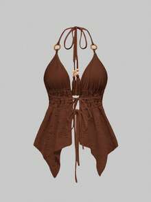 ROMWE Avant Y2K 度假木珠装饰露背细肩带短款上衣和泡泡短裤两件套女装 - 棕色 - 查看 2