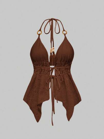 ROMWE Avant Ensemble 2 pièces pour femmes comprenant un Top court à fines bretelles sans dos avec décoration de perles en bois et un short bouffant, style Y2K vacances