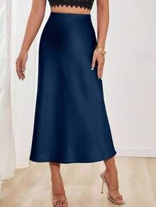 Glamine Fustă lungă pentru femei, stil sirenă, culoare solidă, material satinat, fustă elegantă în linie A, potrivită pentru petreceri și ținute zilnice