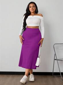 SHEIN PETITE CURVE 大码女式纯色美人鱼下摆黑色半身裙 - 紫色 - 查看 5
