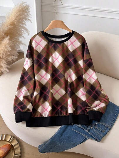 CosyJoli Plus Size Casual Halloween Retro Plaid Crew Neck Sweatshirt Winter Fall Autumn