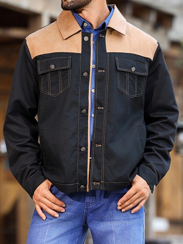 Manfinity Nomadique Chaqueta casual de hombre con bloques de color retro y parches, chaqueta vaquera negra de hombre, chaqueta vintage de hombre, chaqueta bicolor de hombre