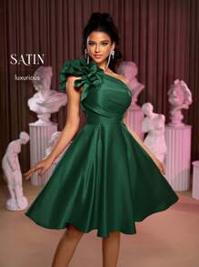 Lovelzi Women's Elegant Romantic Satin One-Shoulder Pleated Exaggerated 3D Floral A-Line Midi Dress, Suitable For Formal Balls, Galas, Parties - Dark Green - View 9