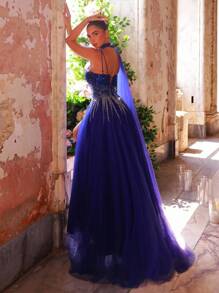 Glamrae Đầm Maxi cổ lệch vai thêu sequin ombre màu xanh navy thanh lịch & sang trọng với viền chân váy rộng & đuôi váy, đầm dạ hội trang trọng - Xanh đậm - Xem 3