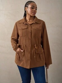 SHEIN Tall CURVE 加大翻盖口袋抽绳腰部夹克，Barnfit，Barn 女士灯芯绒夹克棕色灯芯绒夹克加大码女士灯芯绒夹克加大码灯芯绒夹克高个子女士夹克秋冬 - 棕色 - 查看 5